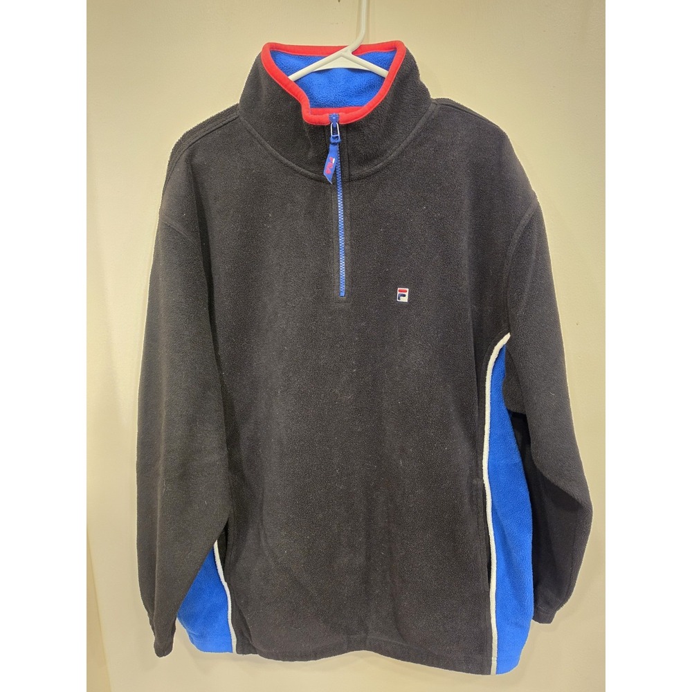 Vintage FILA Fleece Pullover Mens XL Black Blue Red 1/4 Zip 90s Y2K Retro